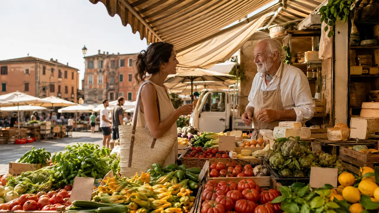 Étals colorés d'un marché local italien avec des fruits, légumes et produits du terroir