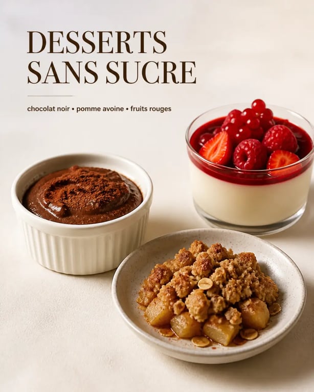 Desserts sans sucre variés : mousse au chocolat noir, crumble aux pommes et panna cotta aux fruits rouges