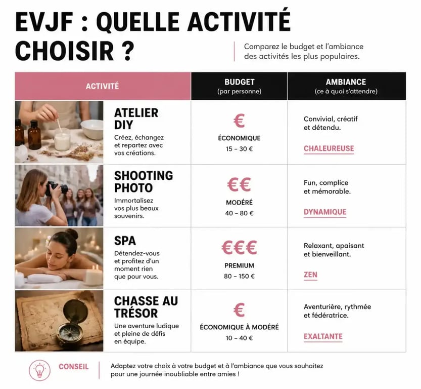Tableau comparatif des activités pour EVJF : budget et ambiance pour choisir la meilleure option.