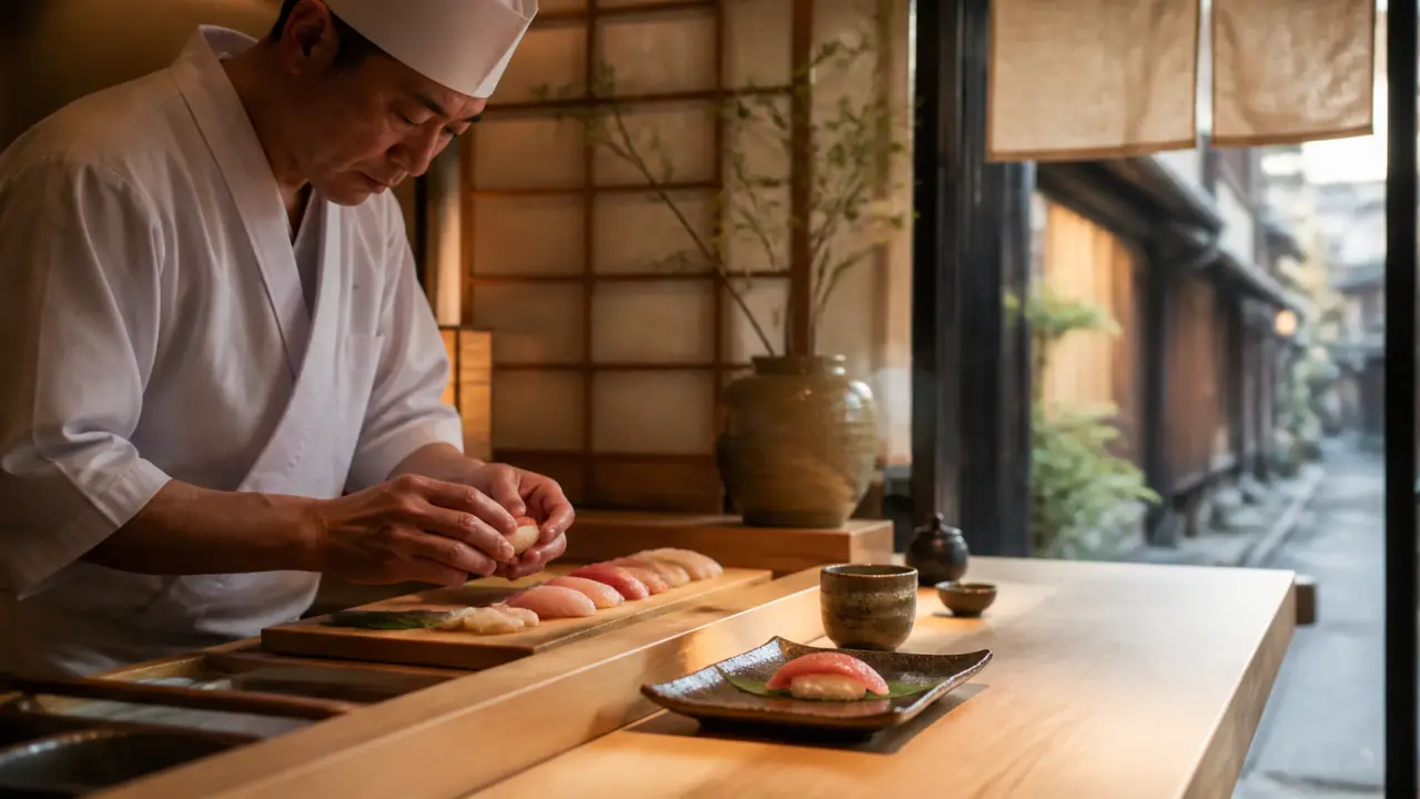 Table élégante et atmosphère japonaise pour un circuit sushi à Kyoto