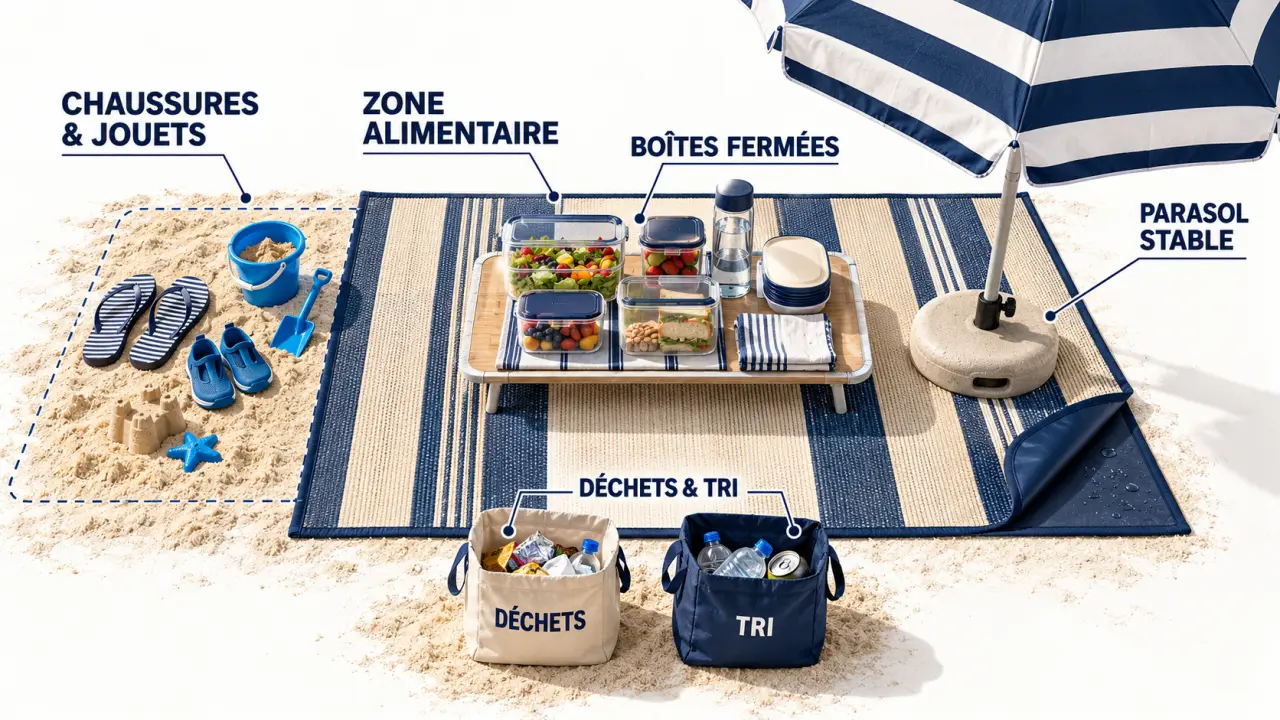 Installation organisée pour un pique-nique à la plage avec espace anti-sable et aliments protégés