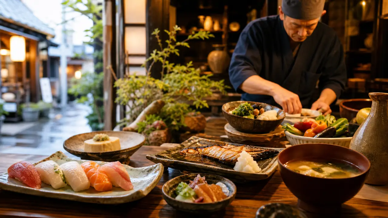 Table japonaise élégante avec plats colorés au coucher du soleil