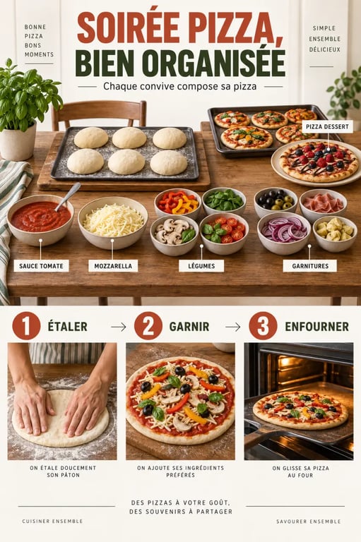 Infographie sur l'organisation d'une soiree pizza avec table de garnitures et étapes de préparation