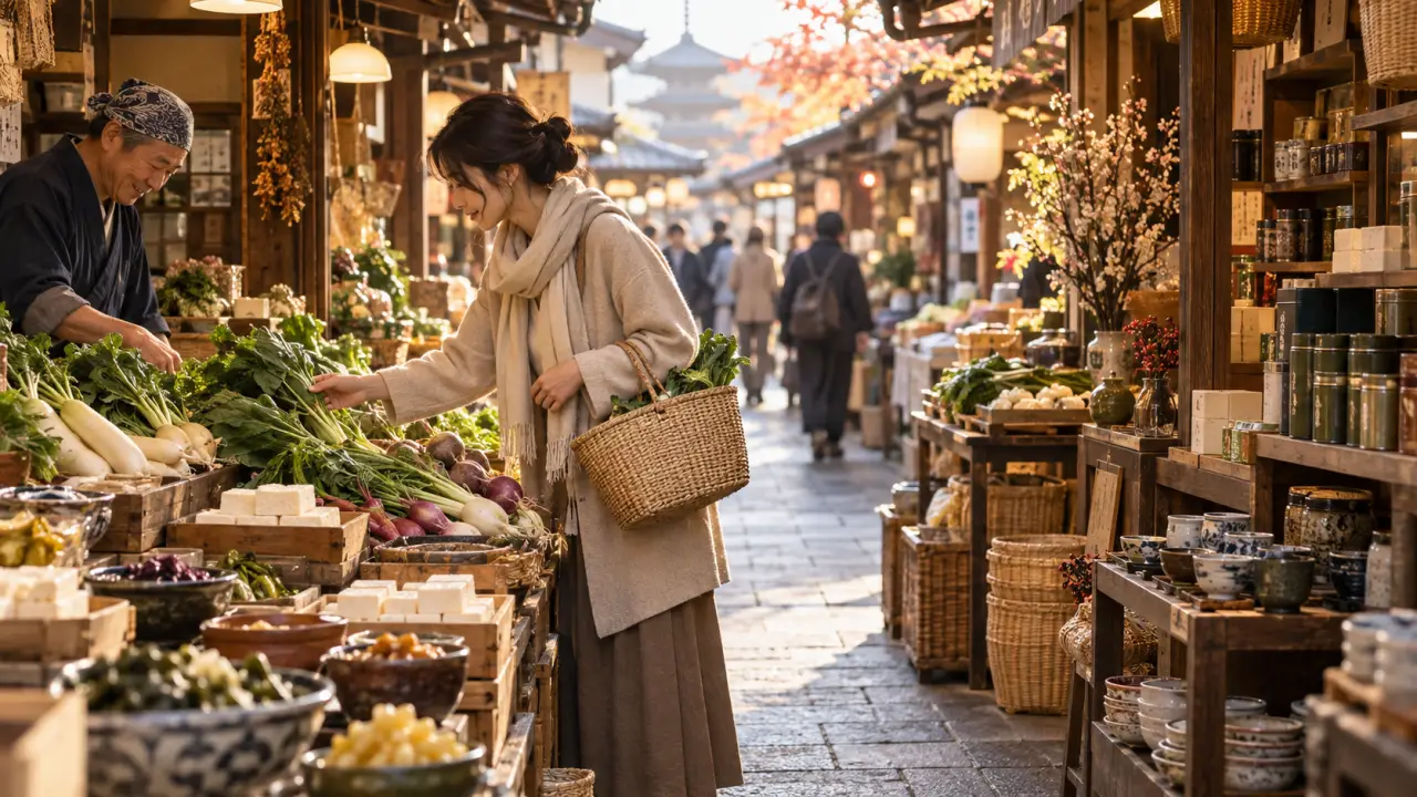 Étals colorés d'un marché local à Kyoto au Japon