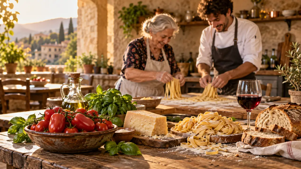 Table italienne garnie de pâtes fraîches, de parmesan et de produits du terroir