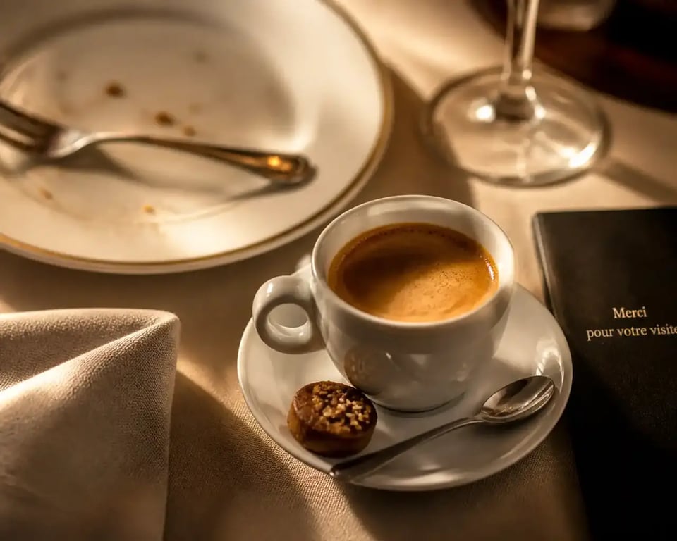 Service de café restauration en fin de repas avec mignardise sur table dressée