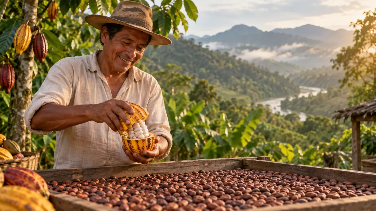 Fèves de cacao et cabosses dans une plantation au Pérou