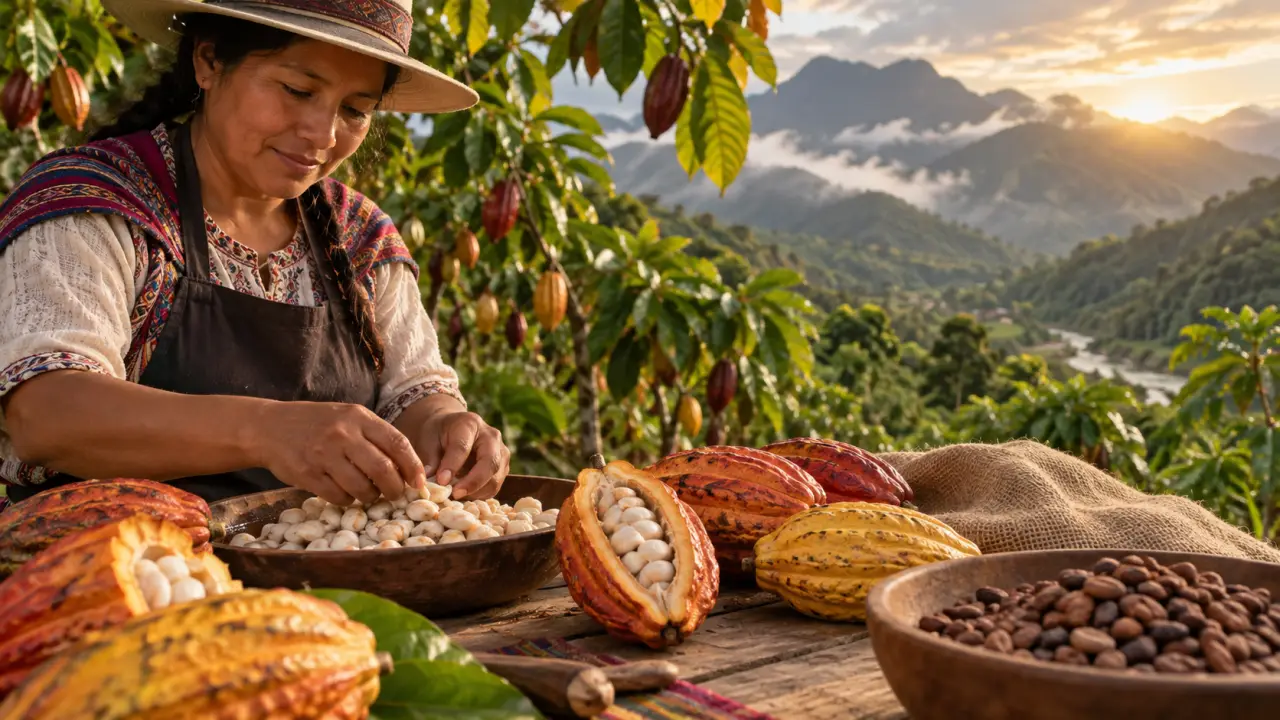 Cabosses de cacao et fèves séchées dans une plantation artisanale au Pérou