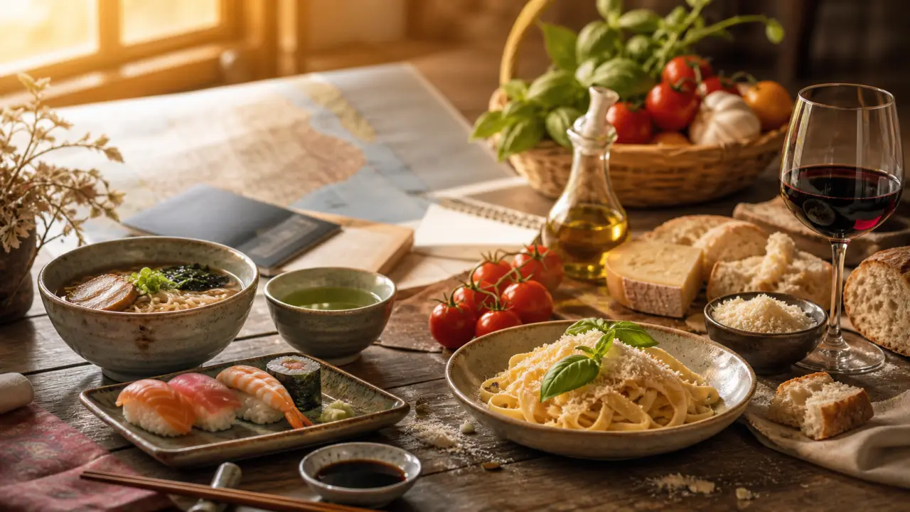 Table de voyage gourmande évoquant le Japon et l'Italie, avec une mise en scène élégante et chaleureuse