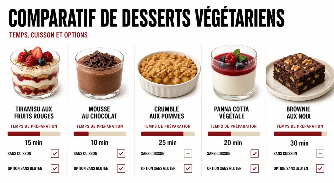 Dessert végétarien présenté en comparatif visuel avec temps de préparation, sans cuisson et option sans gluten