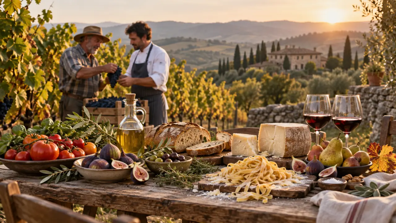 Table italienne garnie de produits de saison dans un paysage rural
