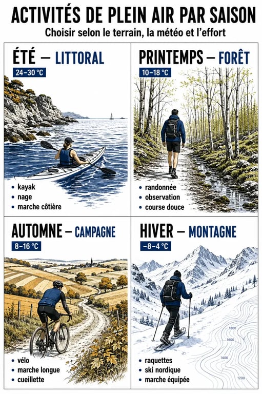 Activités plein air : repères visuels par saison et par contexte géographique