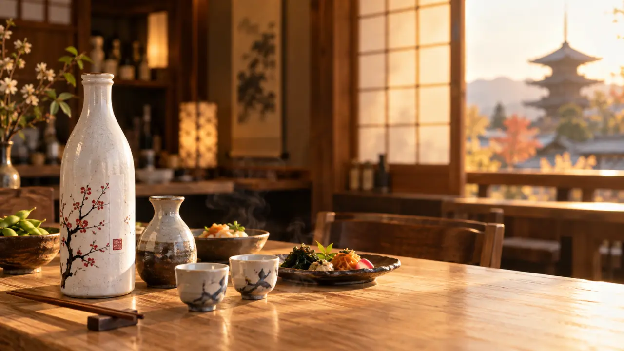 Bouteille de saké japonais et petits verres sur une table traditionnelle