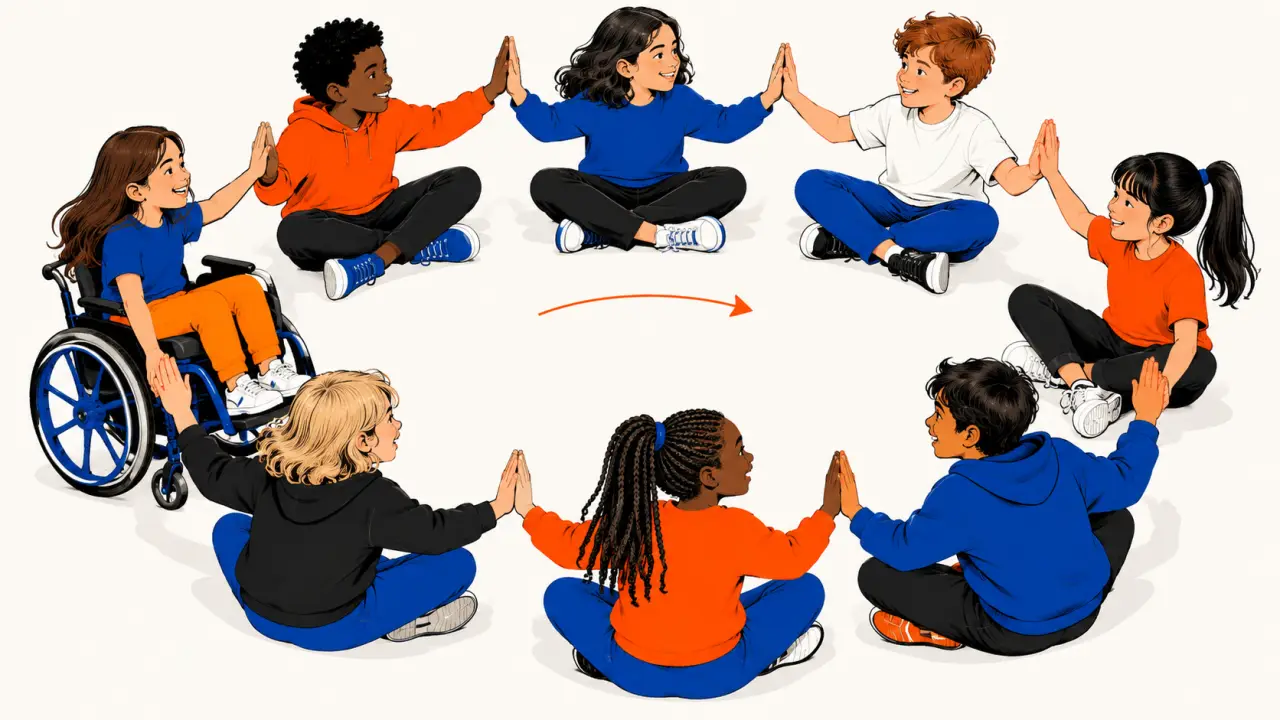 Jeux de main recreation en cercle avec une tape qui circule entre les enfants