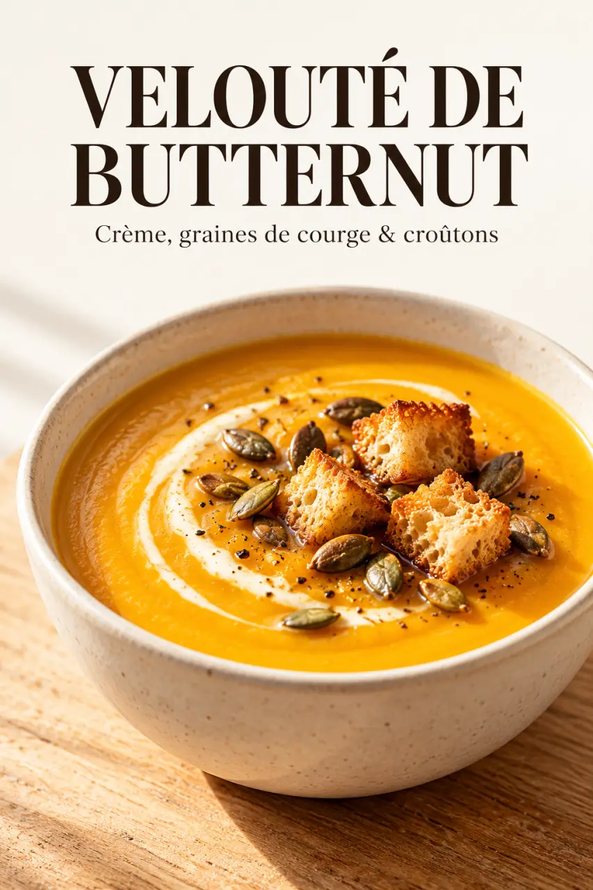 Entrée automne : velouté de butternut avec graines et crème