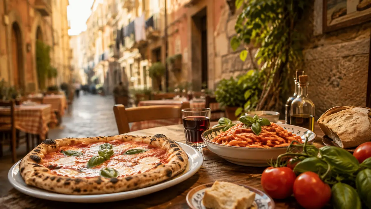 Table napolitaine généreuse avec pizza, pâtes et produits frais au coucher du soleil