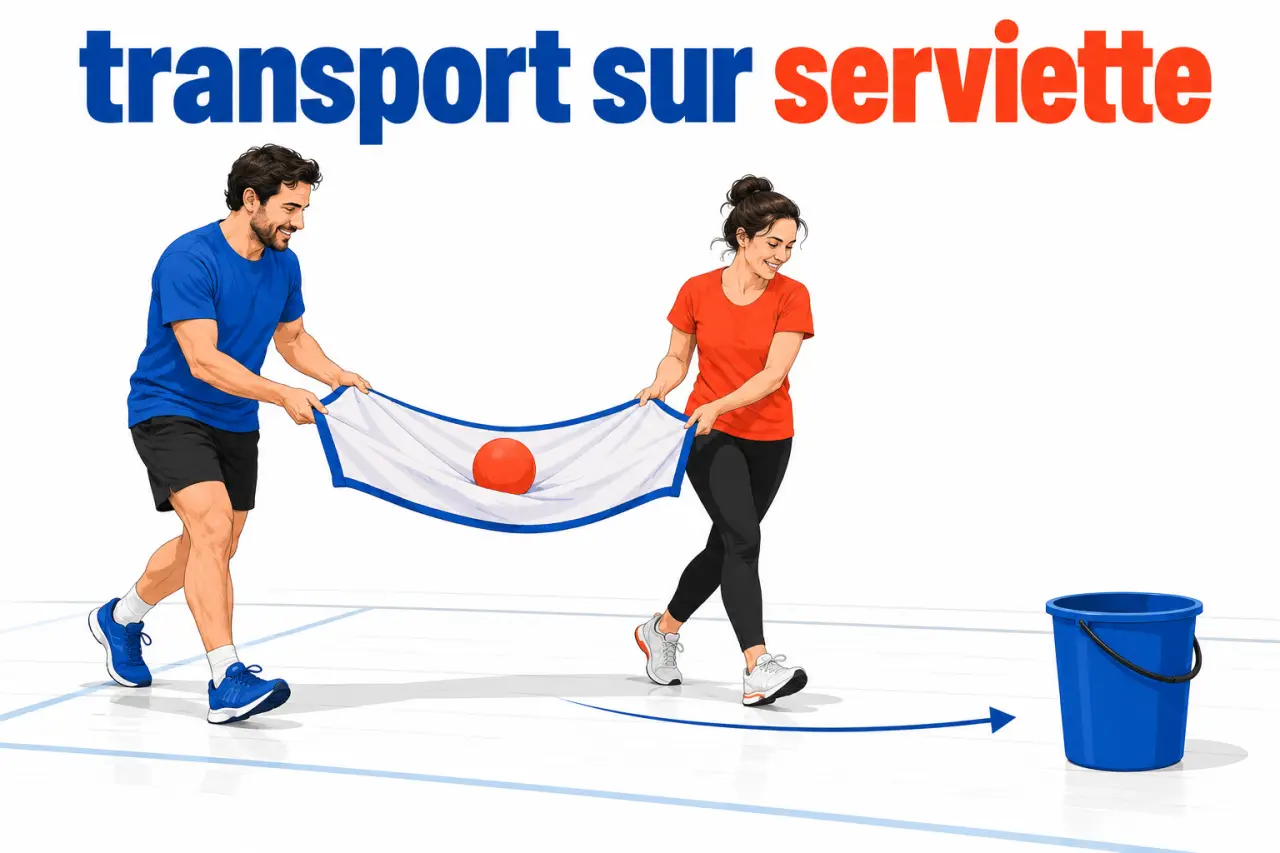 Jeux pour olympiades : transport collectif d’une balle sur une serviette