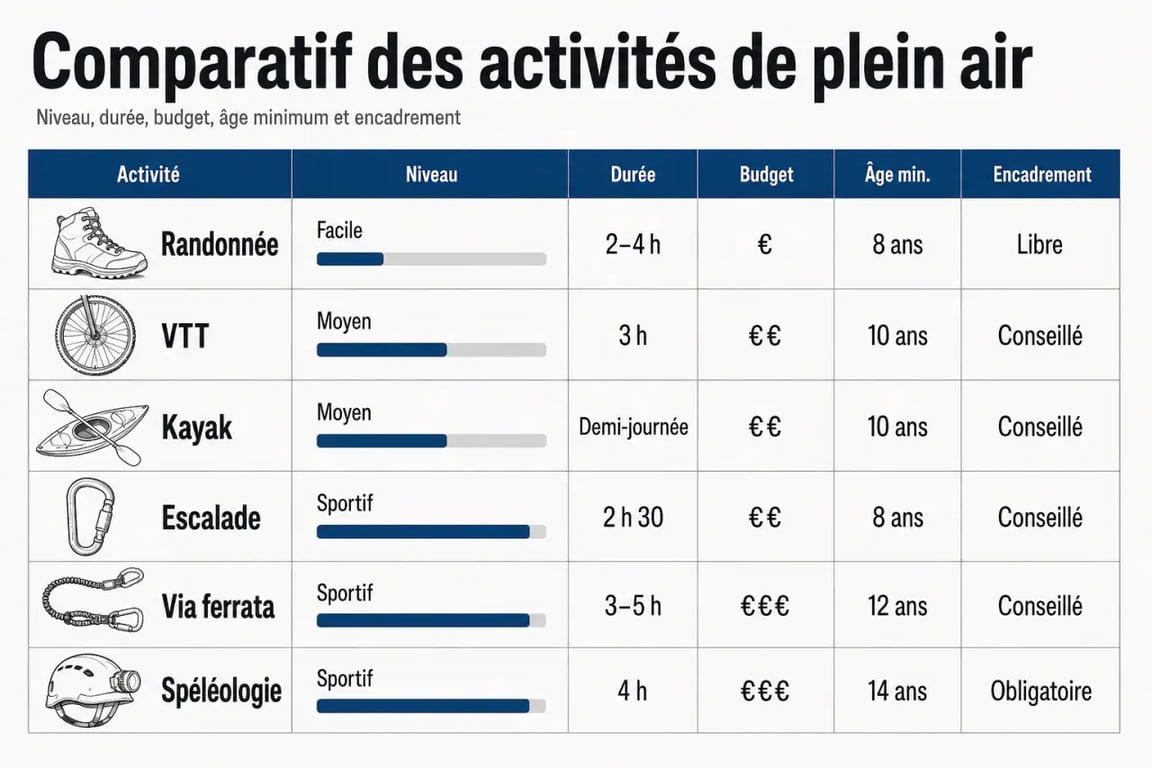Activités plein air : tableau comparatif des niveaux, durées, budgets, âges minimum et encadrement