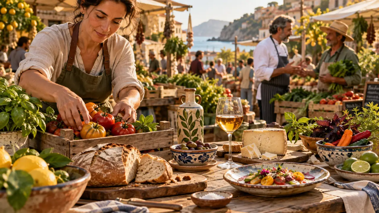 Table gastronomique composée de produits locaux dans un paysage de terroir