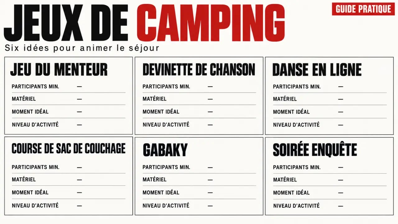 Jeux de camping classés selon le nombre de participants, le matériel et le niveau d’activité