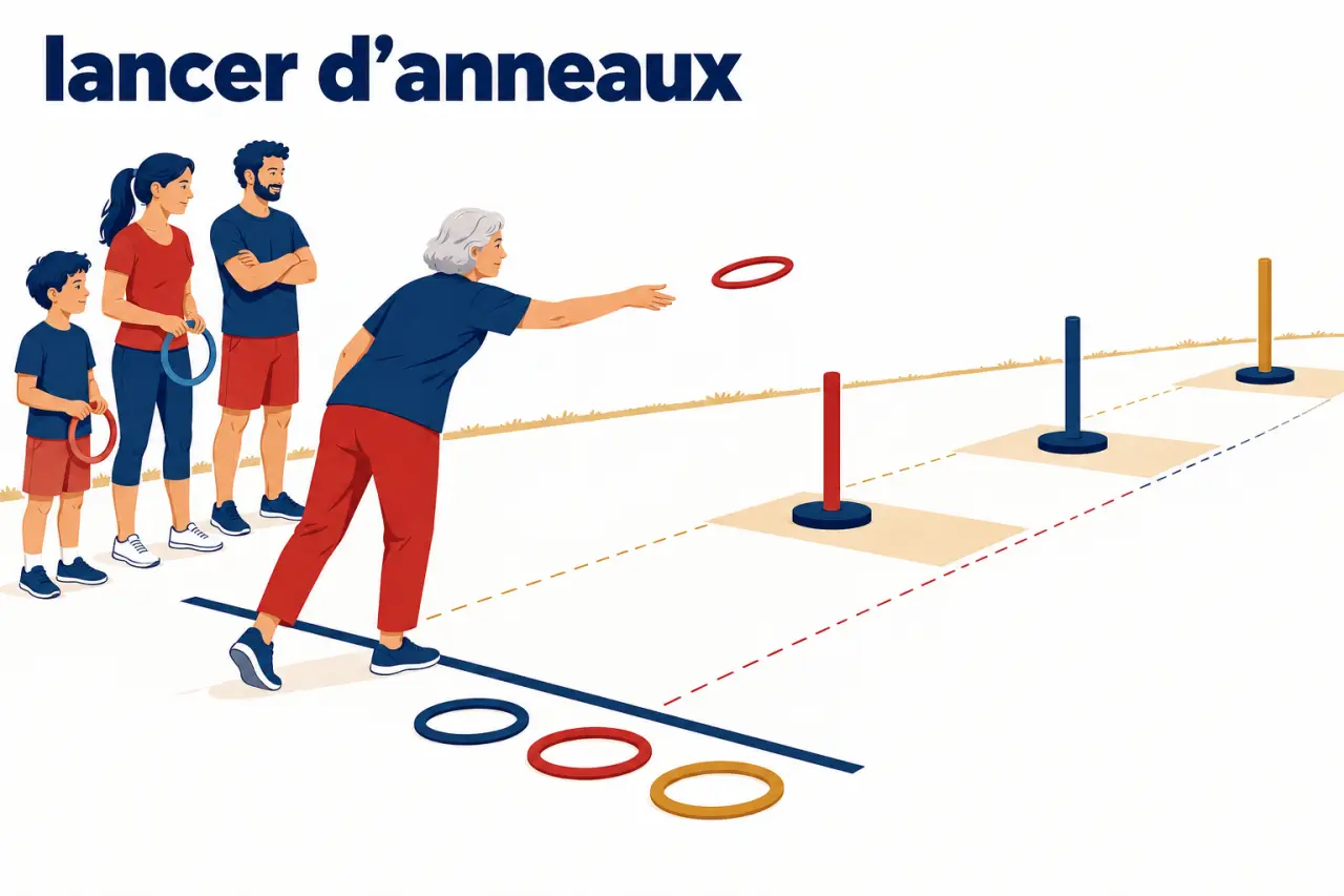 Jeux pour olympiades : lancer d’anneaux avec cibles et ligne de tir