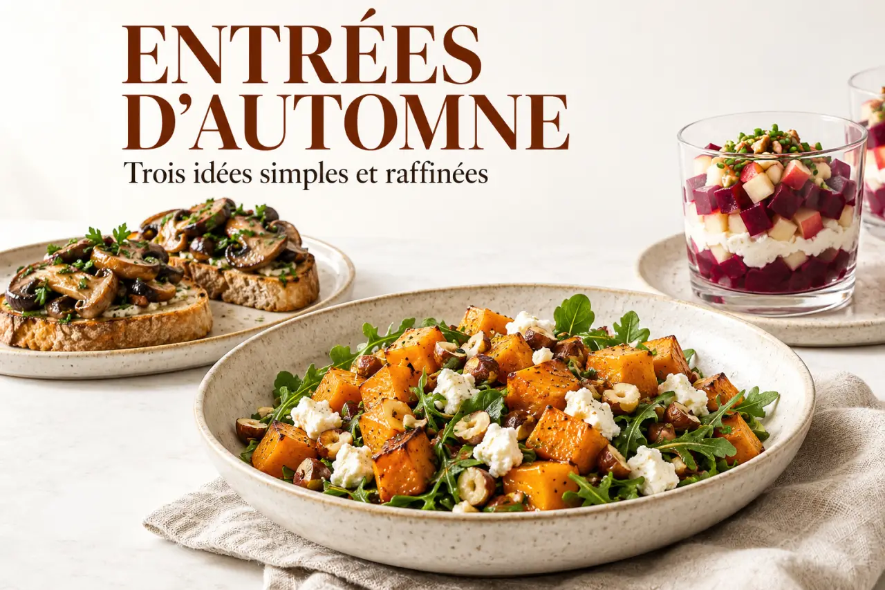 Entrée automne avec butternut, betterave et champignons présentés sur une table