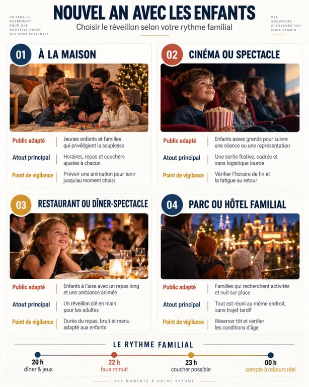 Infographie pour organiser un Nouvel An avec enfants à la maison, en sortie ou en séjour