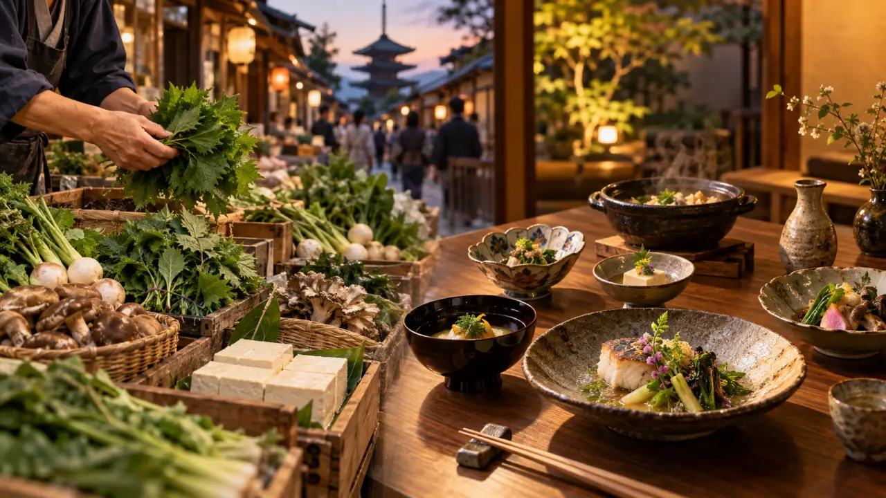 Un dîner gastronomique installé dans un marché traditionnel de Kyoto