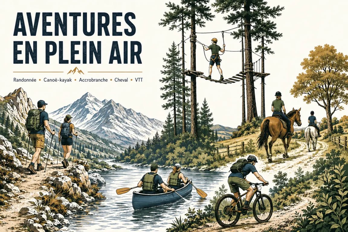 Activités plein air : scène inspirante de randonnée, canoë, accrobranche, balade à cheval et VTT