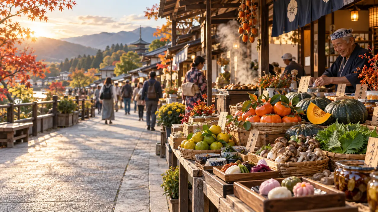 Marché gourmand japonais animé avec des produits frais de saison