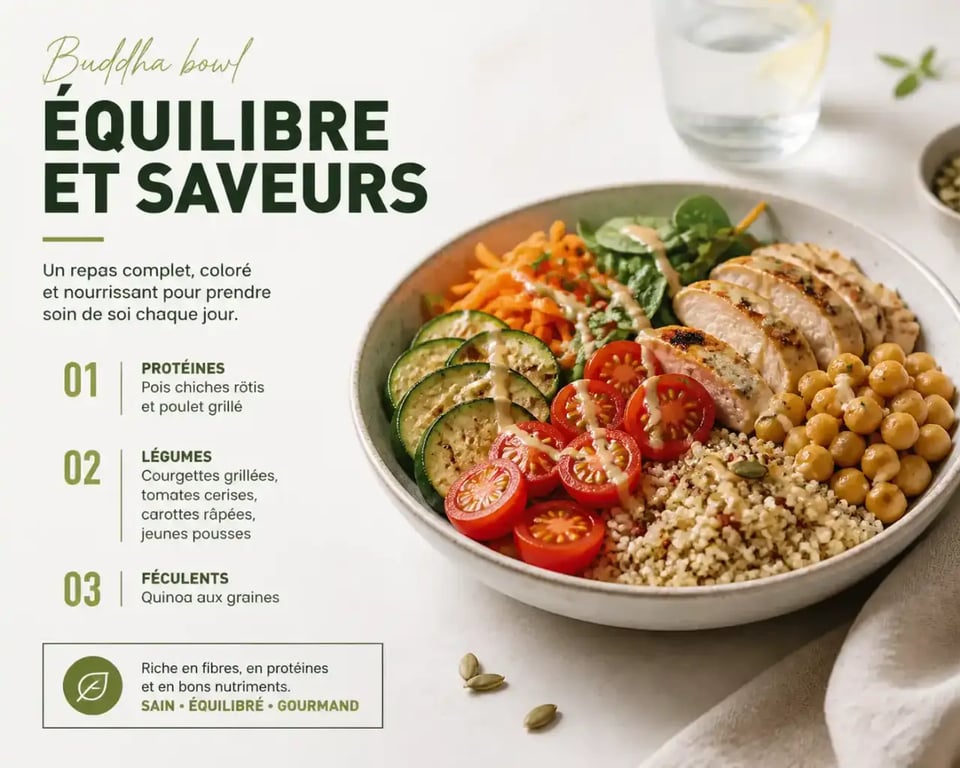Recette saine facile en bowl équilibré avec légumes, protéines et féculents