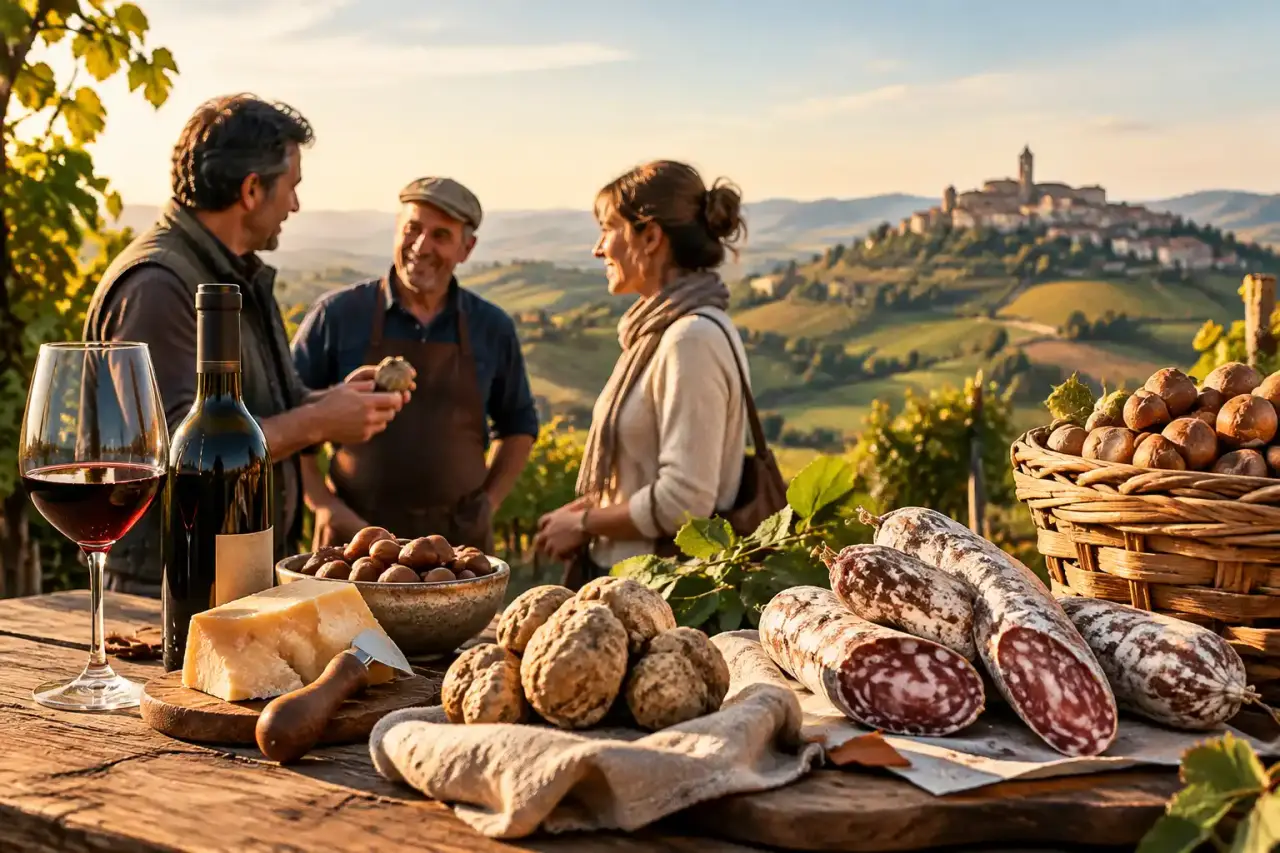 Paysage gourmand du Piémont avec vignes, collines et produits du terroir