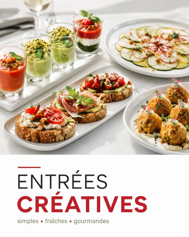 Recettes entrées simples et originales : assortiment de verrines, tartines et petites bouchées dressées avec soin