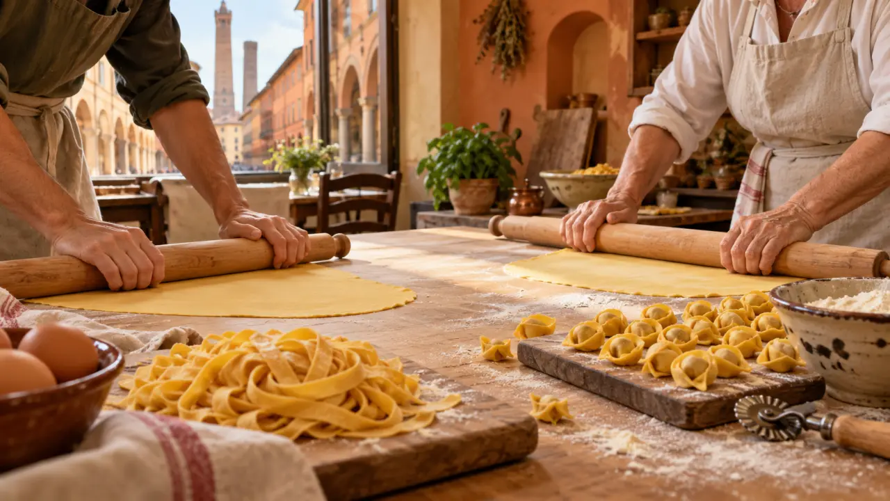 Préparation de pâtes fraîches dans un atelier traditionnel à Bologne