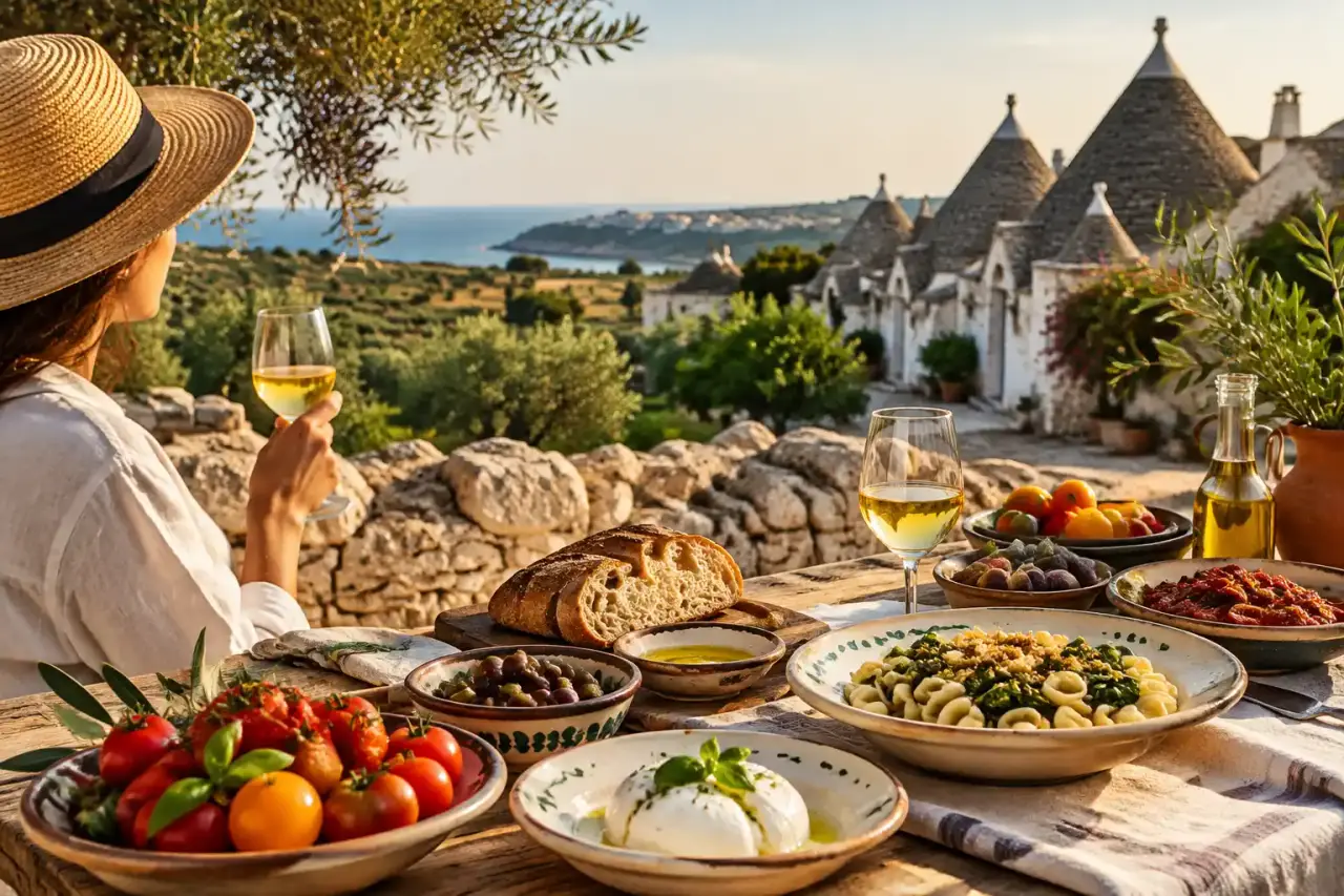 Table conviviale dressée avec des spécialités des Pouilles au cœur d'un paysage méditerranéen