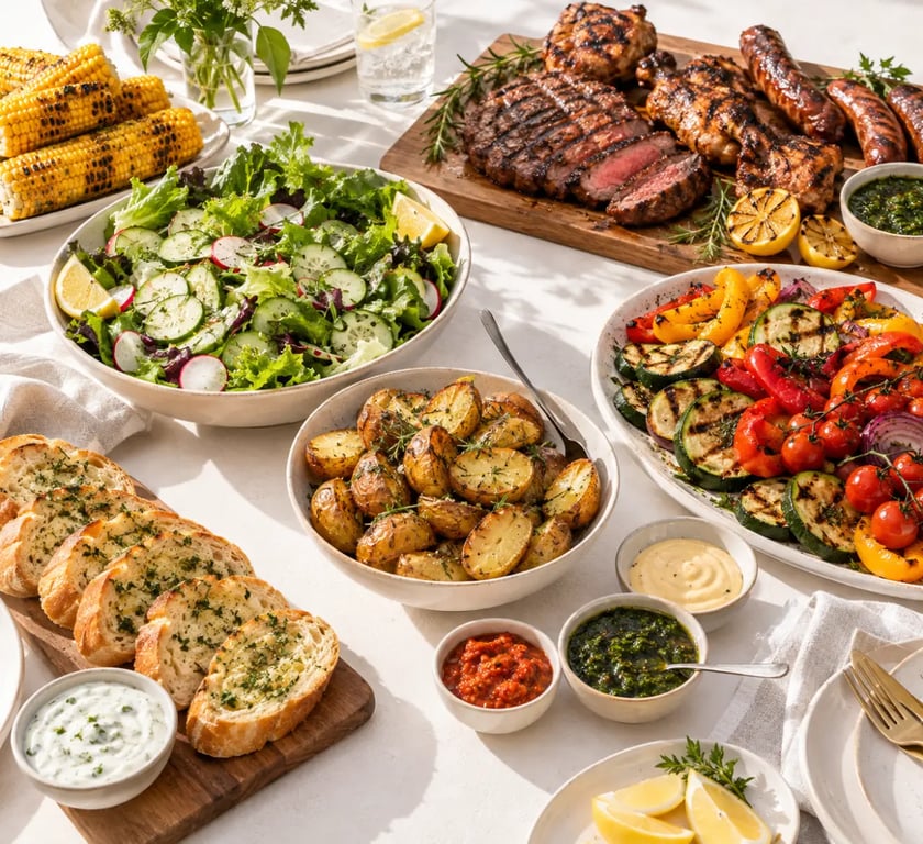 Idée accompagnement barbecue avec salade fraîche, légumes grillés, pommes de terre et sauces