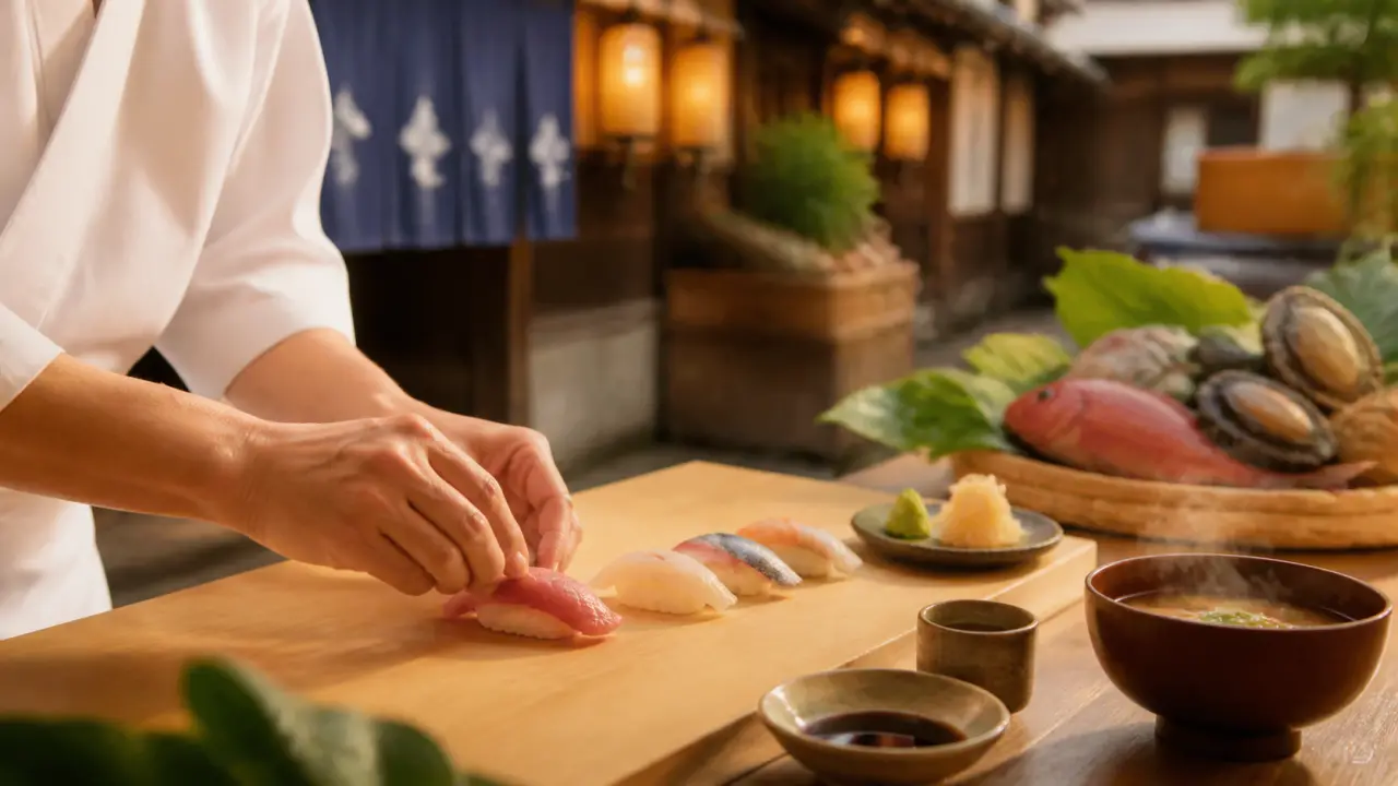 Table japonaise raffinée avec plats colorés et vue au coucher du soleil