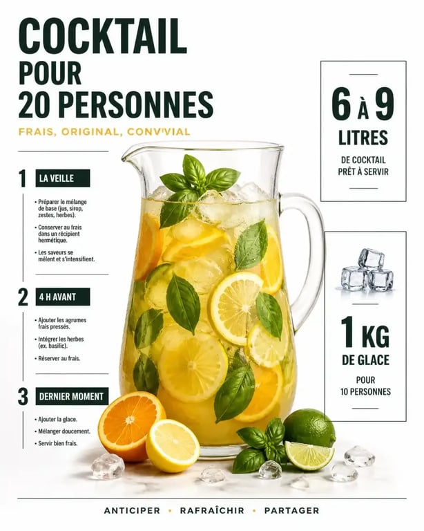 Cocktail pour 20 personnes original en visuel éditorial avec quantités et timing de préparation