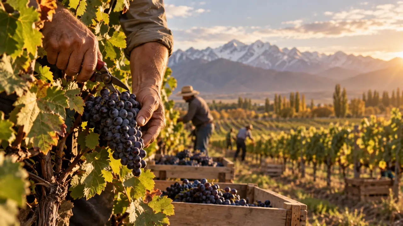 Vignes de Mendoza au pied des Andes pendant les vendanges