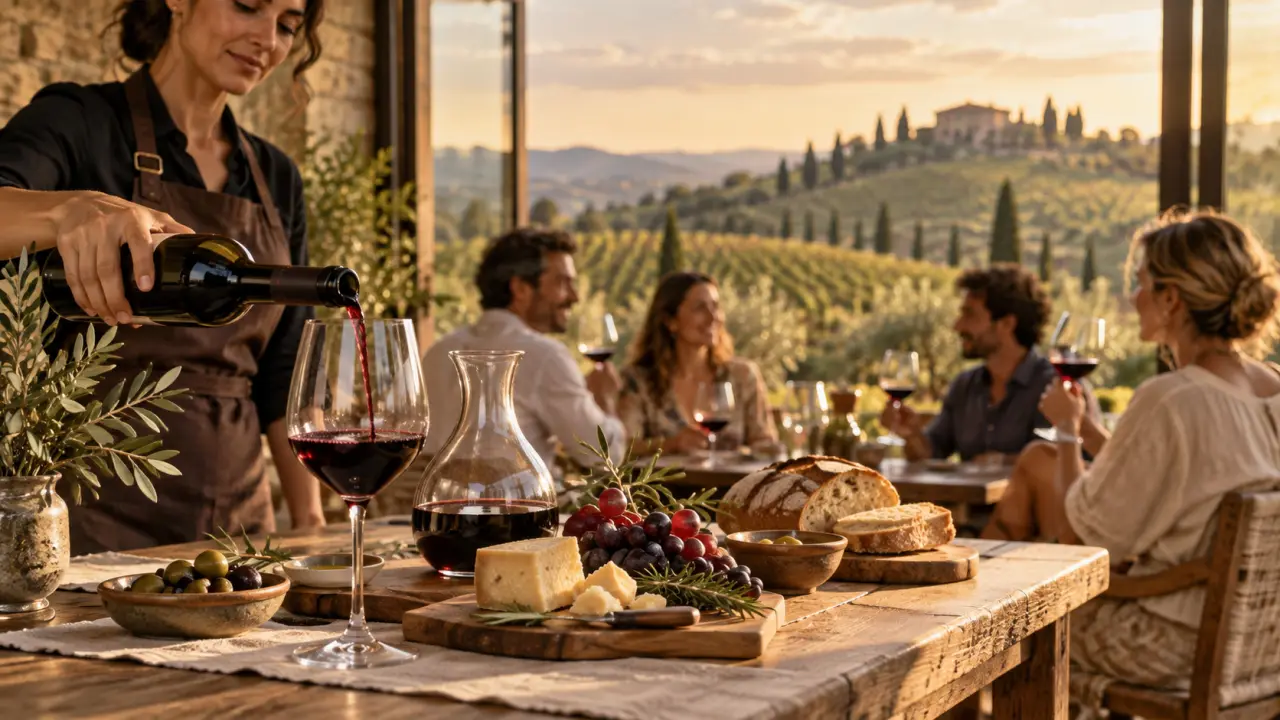 Dégustation de vin rouge toscan dans un vignoble au coucher du soleil