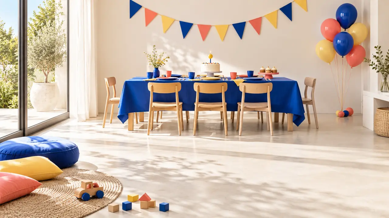 Décoration anniversaire enfant avec table coordonnée, gâteau, guirlande et ballons