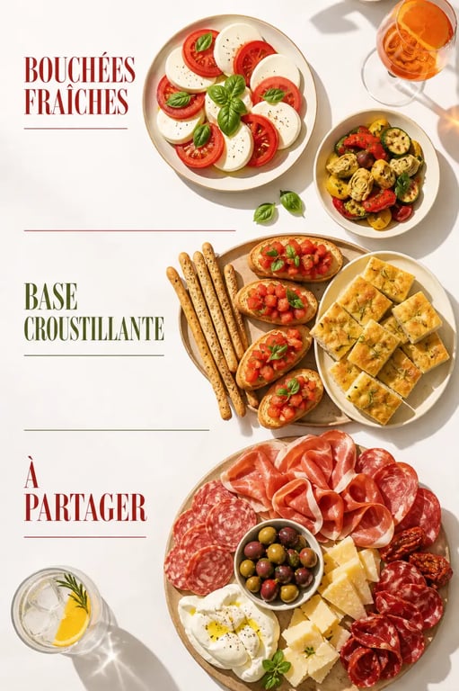 Apero italienne sur une table conviviale avec bruschette, focaccia, charcuterie, fromages, caprese et spritz