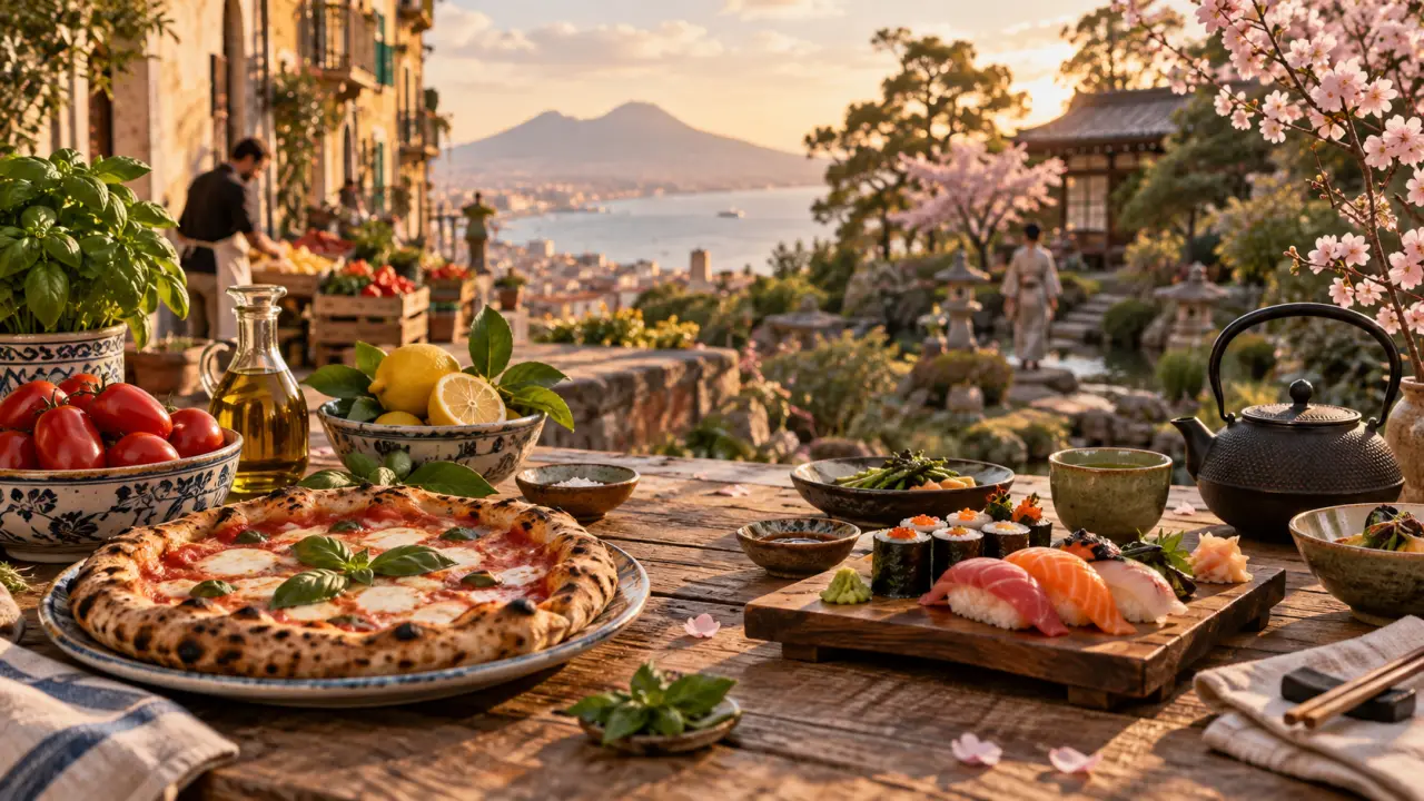 Table gourmande entre Naples et Kyoto, composée de spécialités italiennes et japonaises