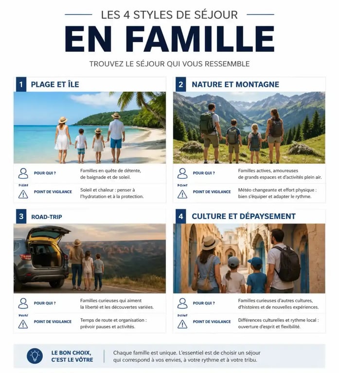 Infographie des styles de destination pour voyage en famille : plage, nature, road-trip et culture