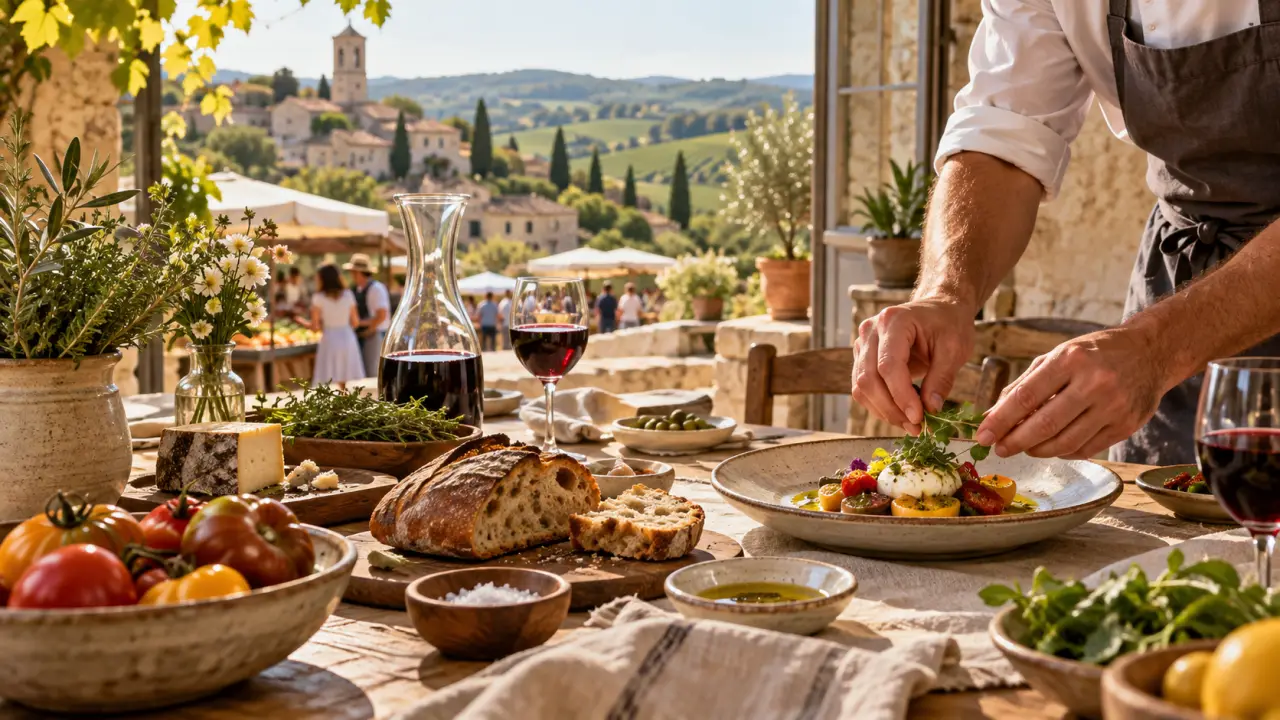 Table de terroir dressée avec des produits locaux dans un paysage de voyage