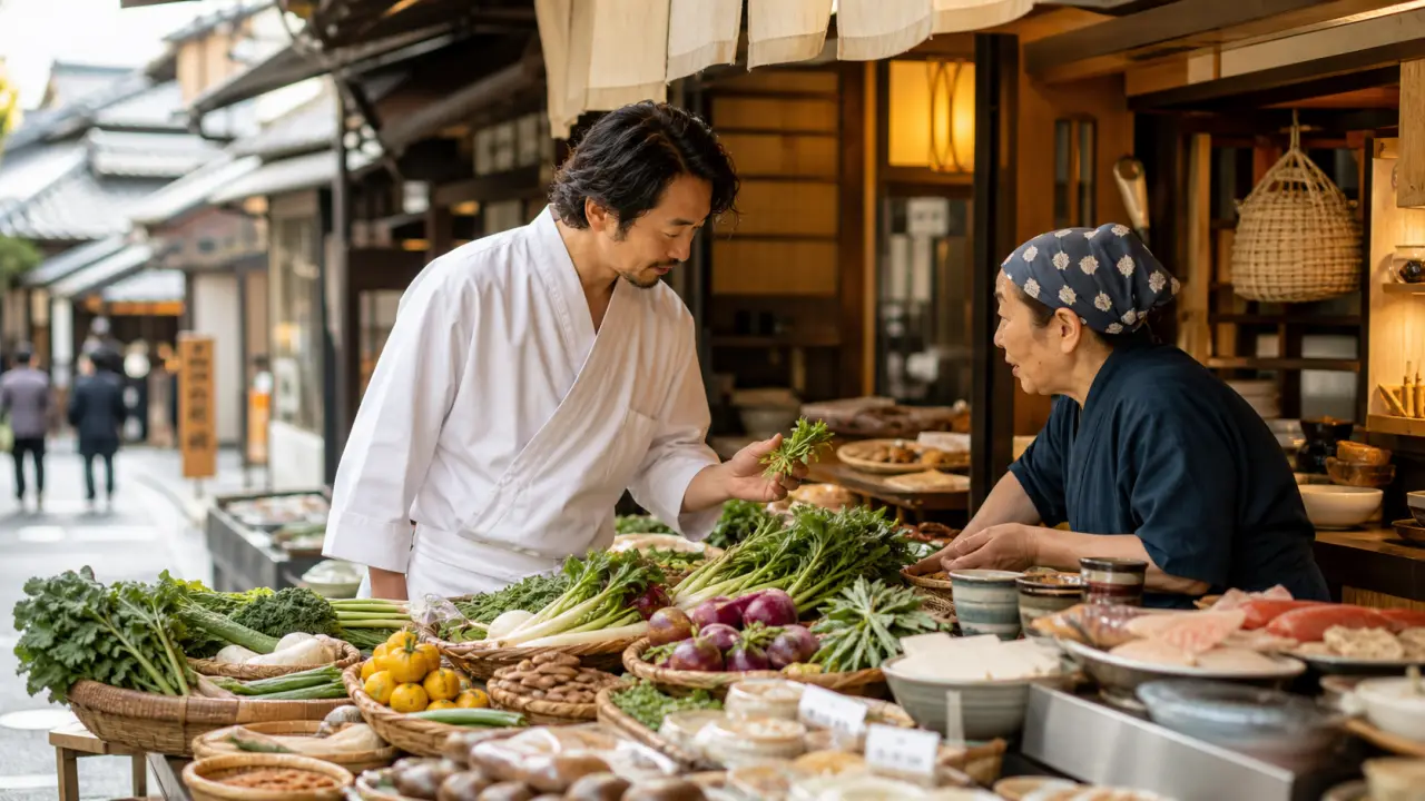 Table japonaise raffinée avec plats colorés, vue de Kyoto au coucher du soleil