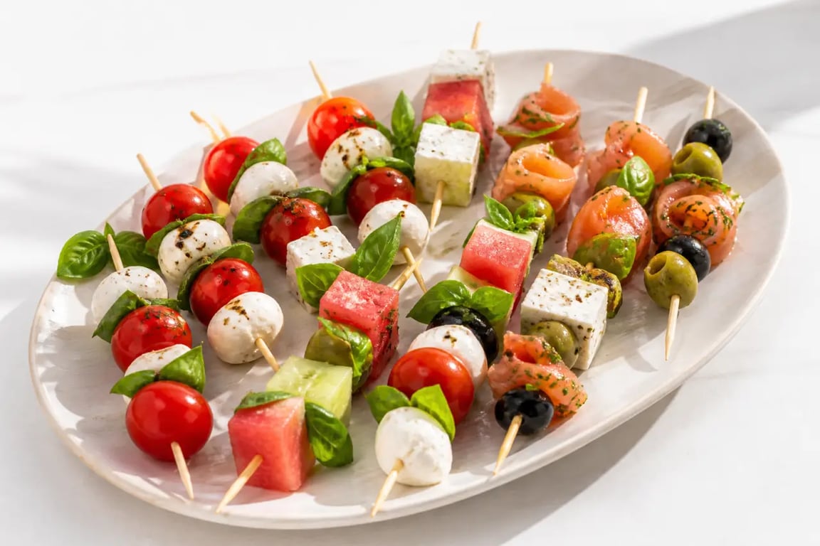 Brochette froide apéritif variée sur un plateau, avec tomates cerises, mozzarella, feta, pastèque et saumon fumé